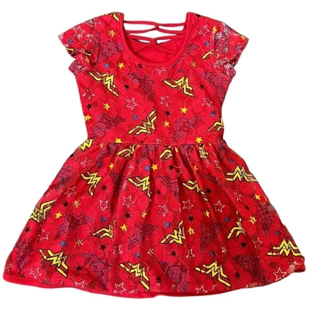 Dress Wonder Woman superhero red with WW logo lined top layer lace 4T/5T